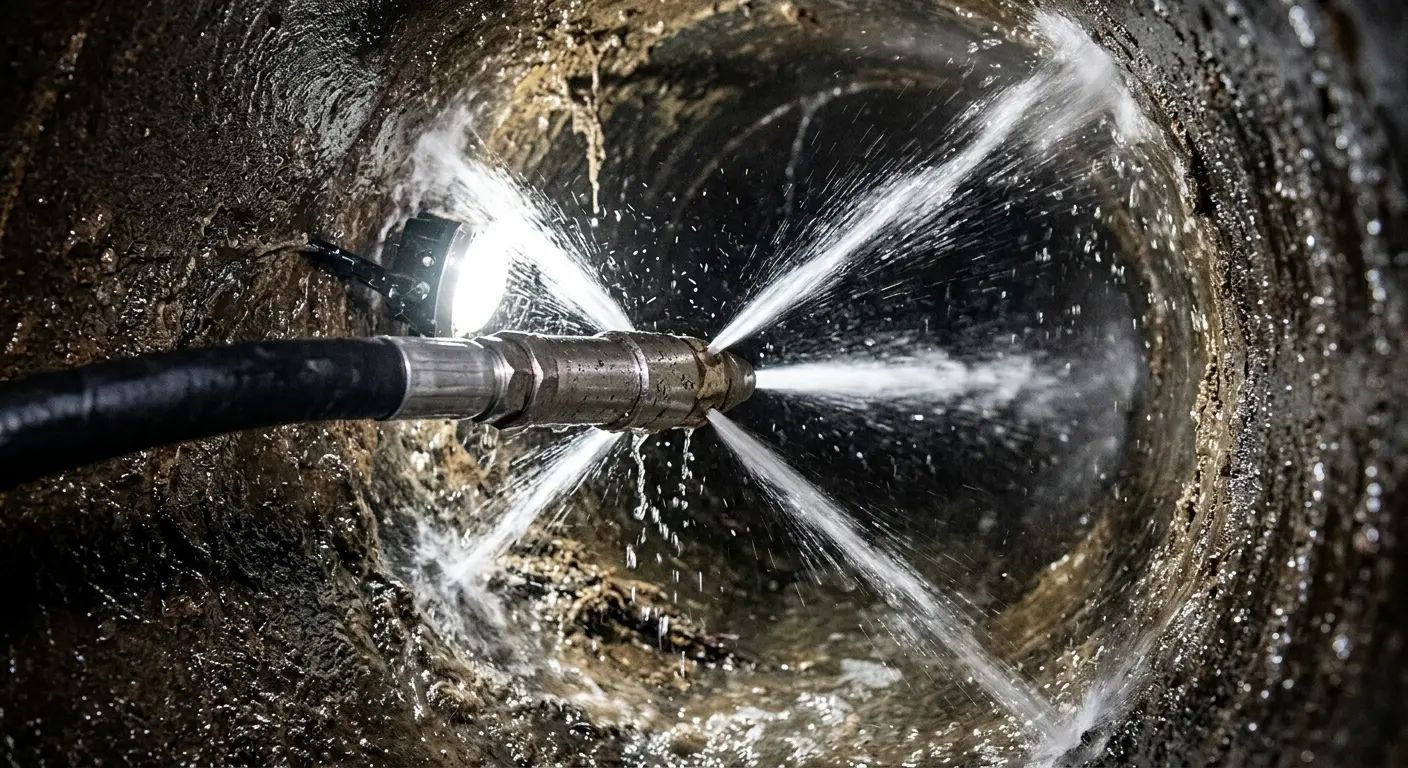High-pressure hydro jetting nozzle cleaning sewer pipe for Emergency Drain Service in Yarmouth