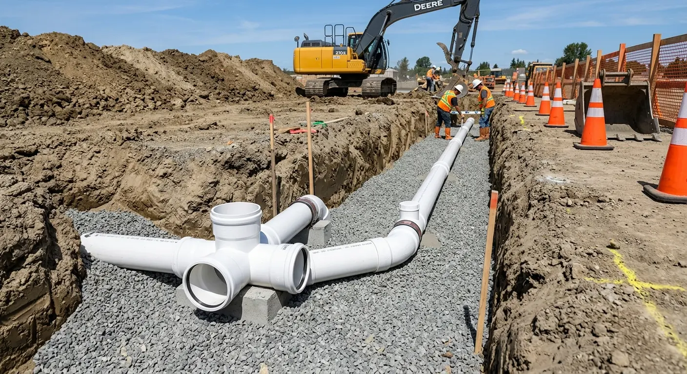New PVC sewer pipe installation in open trench for Commercial Drain Cleaning in Yarmouth