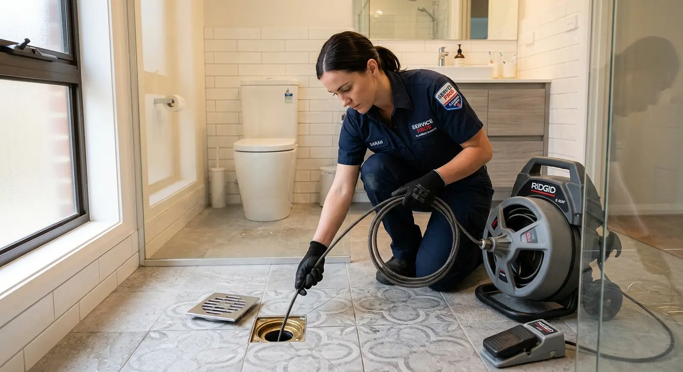 Technician clearing a bathroom floor drain for Drain Cleaning in Yarmouth